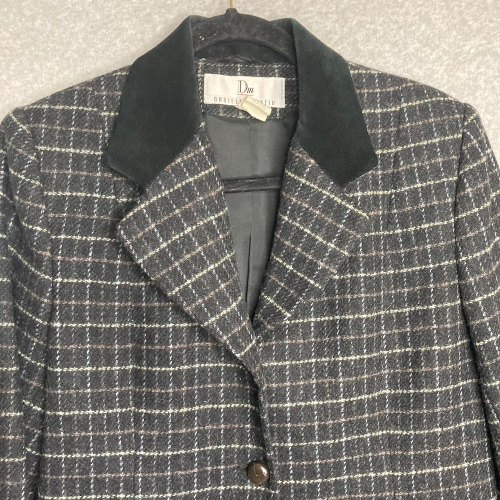Vintage Danielle Martin‎ Wool Plaid Blazer Suede Collar Jacket Academia 8 Black - Picture 7 of 11